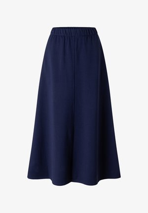 Tmavě modrá áčková sukně s elastickým pasem a středovým švem, délka po kolena, vyrobená z hladké látky.