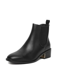 Czarne skórzane botki za kostkę z elastycznymi panelami po bokach, spiczastym noskiem i niskim, piętą na platformie z złotym akcentem z tyłu.