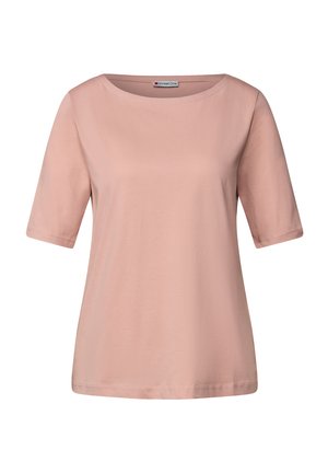 Rosa T-Shirt mit kurzen Ärmeln aus weichem Stoff, mit einem runden Ausschnitt und lockerer Passform. Keine sichtbaren Muster oder Verzierungen.