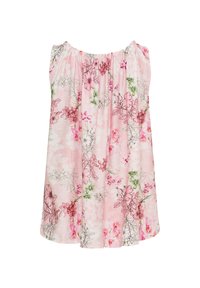 Rosa blomsterbluse med en sammensnøret hals, der har et gennemsigtigt tekstil og en løs, strømmende form. Dekoreret med flerfarvede blomster mønstre.
