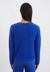 Helderblauwe, gestructureerde trui met lange mouwen en een ronde halslijn. Ontworpen met een gezellige brei en effen kleur, met minimale details.