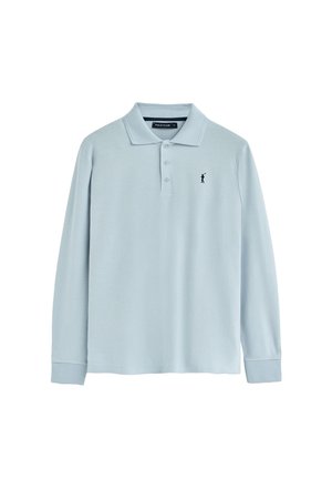 Light blue long-sleeve polo shirt made of soft fabric, featuring a collar, three-button placket, and a small dark logo on the chest.