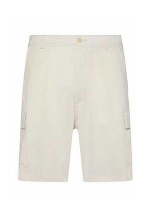 Beige knielange Cargo-Shorts mit vorderer Knopfleiste, Reißverschluss, Gürtelschlaufen und Klappentaschen auf beiden Seiten.