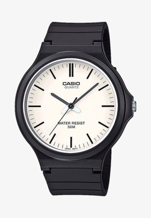 Black digital watch with a round case, white dial, black hour markers, and hands. Features water resistance up to 50 meters. Brand name visible.