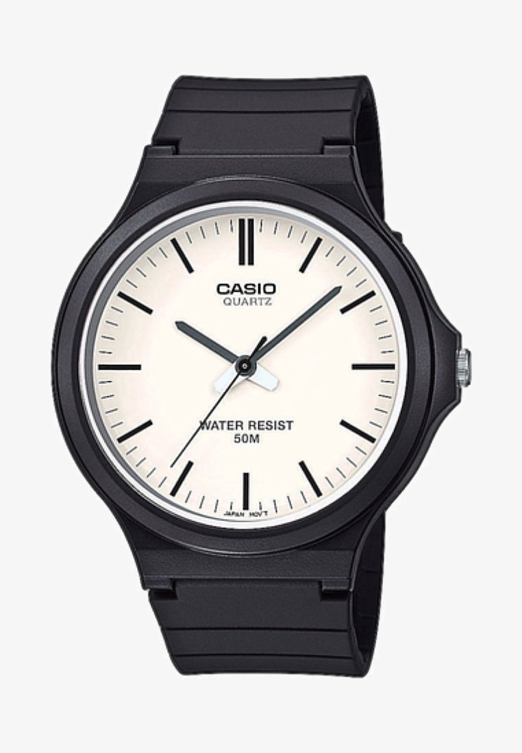 Black Casio quartz watch with a round white dial, black hour markers, and hands. Water-resistant up to 50 meters. Rubber strap.