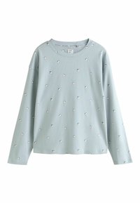 Top bleu deschis cu mâneci lungi, cu model nervurat și imprimeu mic floral, decolteu rotund și croială lejeră. Textură moale cu un design casual.