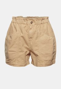 Shorts beiges décontractés avec taille élastique, fermeture à bouton et deux poches avant, présentés sur un fond uni.