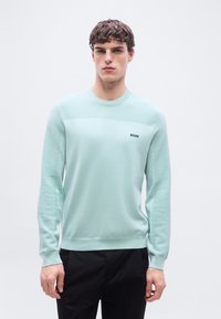 Jeune homme portant un pull texturé bleu clair avec le logo "BOSS" sur la poitrine et un pantalon noir, debout devant un fond blanc uni.