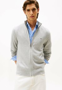 Suéter gris claro con cremallera, mangas largas, puños y dobladillo acanalados. Se lleva sobre una camisa de rayas azules, con un pequeño logo en el pecho.