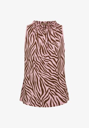 Ærmeløs bluse med lyserøde og brune zebraagtige striber og en samlet høj halsudskæring.