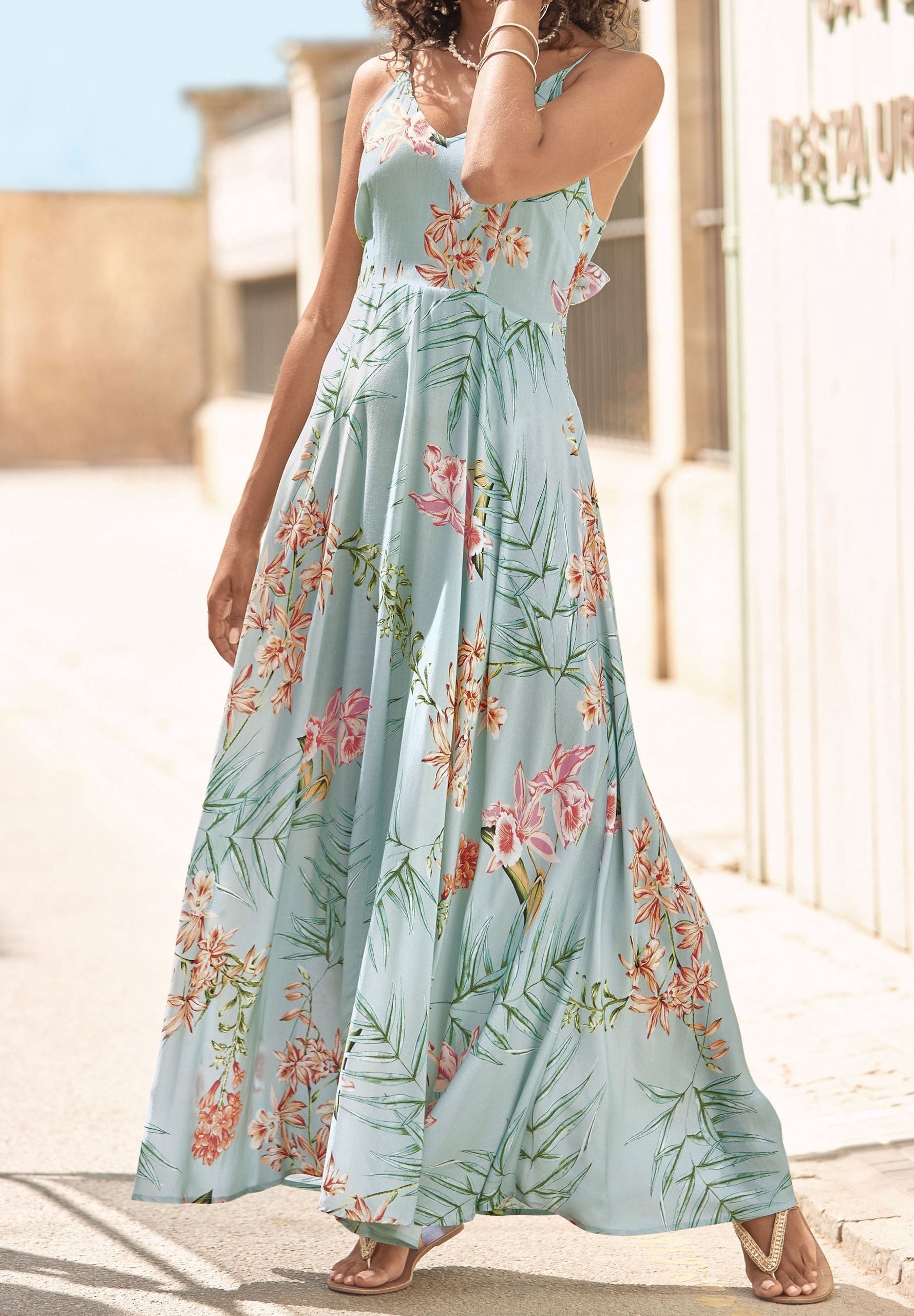 Robe Fleurie Robe Longue Feuille Verte Vert Robe Maxi Imprimé