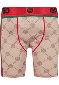 Boxers beiges avec un motif géométrique marron, dotés d'une ceinture rouge et d'accents latéraux verts. Tissu lisse ; longueur mi-cuisse.