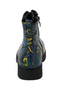 Bottine noire avec un motif coloré en spirale bleu, jaune et vert. Fini en cuir lisse avec fermeture éclair sur le côté et semelle en caoutchouc.