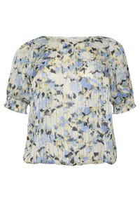 Blusa plissettata in tessuto leggero con un motivo floreale blu, giallo e nero. Maniche corte svasate e polsini elastici. Collo rotondo.