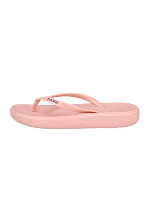 Sandalia tipo flip-flop rosa claro con suela gruesa y una tira tipo tanga con el nombre de la marca "LUOFU" en el lateral.