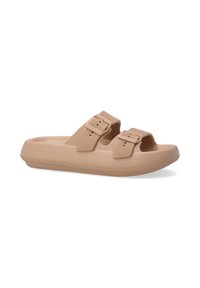 Brune slidesandal med to justerbare remme, tekstureret overflade og en tyk sål. Fremstillet af fleksibelt gummimateriale.