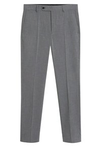 Grijze op maat gemaakte broek met een gladde textuur, voorzien van een knoopsluiting, twee zijzakken en een rechte pijpdesign met subtiele plooien.
