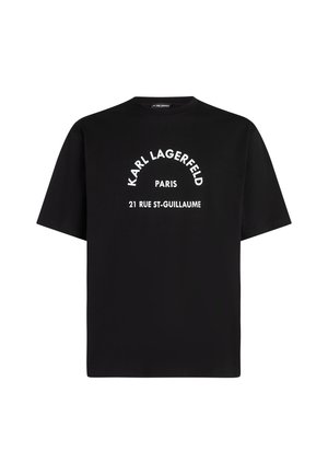 Juodas medvilninis marškinėliai su apvaliame kakle, su baltais užrašais: "KARL LAGERFELD PARIS 21 RUE ST-GUILLAUME" išlenktoje kompozicijoje.