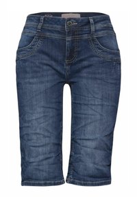 Denimbermuda shorts i mörkblått, med fem fickor, knäppning och sömnadsdetaljer längs sömmarna. Avslappnad passform.