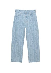 Lichtblauwe denim jeans met een patroonstructuur, wijde pijp, vijf-pocket ontwerp en metalen hardware op de tailleband en zakken.