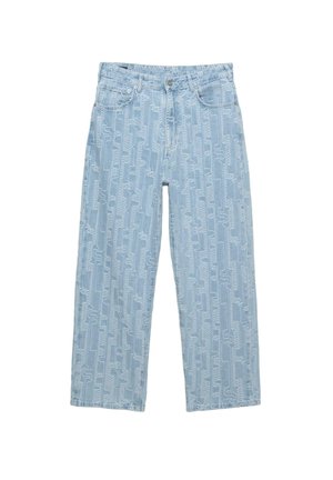 Lichtblauwe denim jeans met een patroonstructuur, wijde pijp, vijf-pocket ontwerp en metalen hardware op de tailleband en zakken.