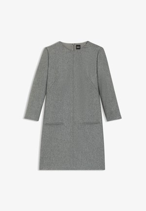 Gray dress with a structured design, featuring a round neckline, long sleeves, and two side pockets. Fabric has a subtle texture.