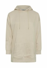 Felpa beige con cappuccio realizzata in tessuto morbido, caratterizzata da una tasca frontale, vestibilità ampia e dettagli con cordoncino. Maniche lunghe con polsini rilassati.