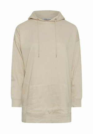 Beige hoodie gemaakt van zachte stof, met een buidelzak aan de voorkant, een losse pasvorm en trekkoordaccenten. Lange mouwen met ontspannen manchetten.