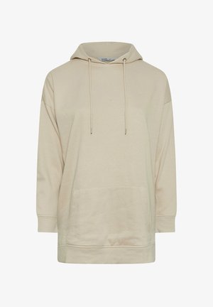 Beżowa bluza z kapturem, wykonana z miękkiego materiału, z kieszenią z przodu, luźnym krojem i sznurkiem. Długie rękawy z luźnymi mankietami.