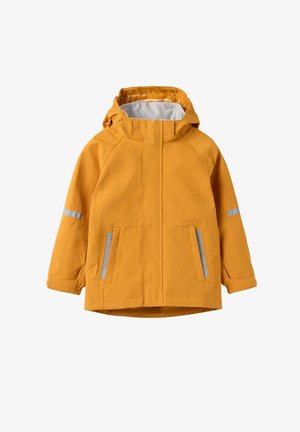 Yellow waterproof jacket with a hood, featuring reflective accents on sleeves and two front pockets. Smooth outer fabric and soft inner lining.