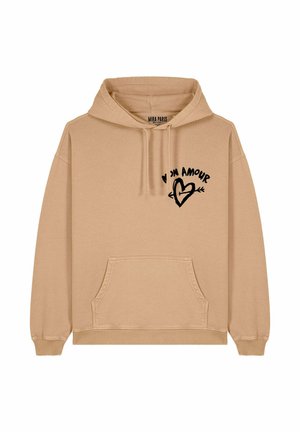 Felpa con cappuccio beige realizzata in tessuto morbido, con tasca frontale e testo nero stampato "Mon Amour" accompagnato da un design a forma di cuore.