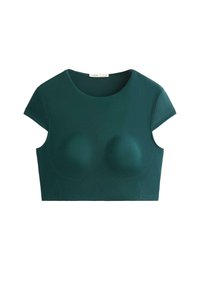 Tamnozelena, kratkih rukava, prilagođena crop top majica s oblikovanim košaricama i okruglim izrezom.
