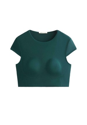 Donkergroen, kort mouw, aansluitend crop top met gevormde cups en een ronde halslijn.