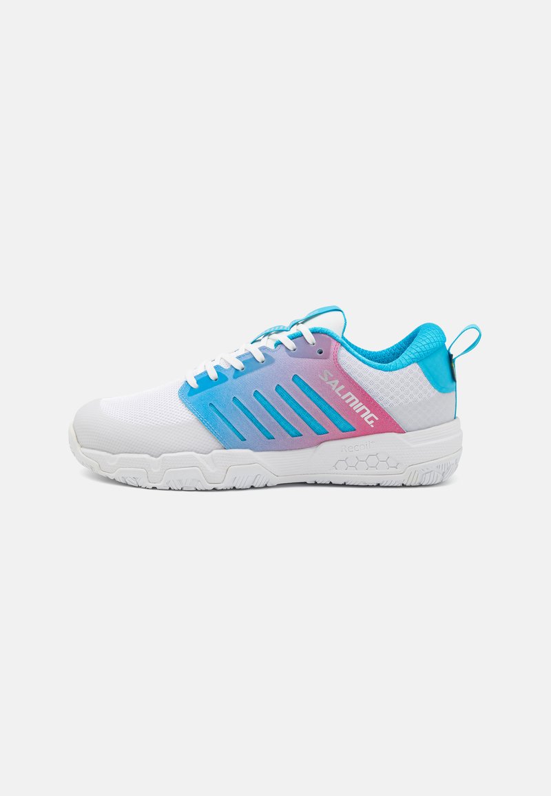 Sport shoe featuring a white mesh upper with a gradient blue and pink design, rubber sole, and textured accents for enhanced grip.