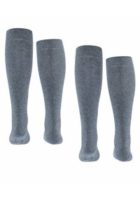 Szare skarpetki sięgające do kolan, wykonane z materiału bawełnianego, charakteryzujące się gładką teksturą i prążkowanymi akcentami na górze dla lepszego dopasowania.