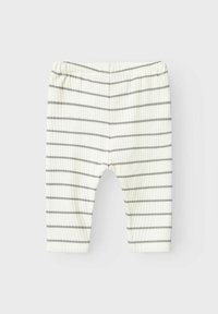 Randiga babyleggings i krämfärgad med grå horisontella linjer, tillverkade av ribbat tyg, med en elastisk midja för komfort.