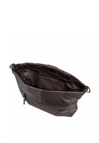 Braune Leder-Tote-Bag mit einem Reißverschluss, weicher Textur, großem Hauptfach und einer Innentasche. Mit Metallbeschlägen.