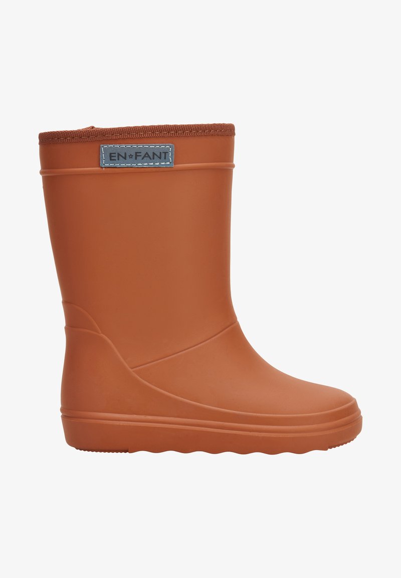 Bottes de pluie en caoutchouc marron avec une surface texturée, bout arrondi et haut élastique. Présente une pièce grise avec le logo sur le revers.