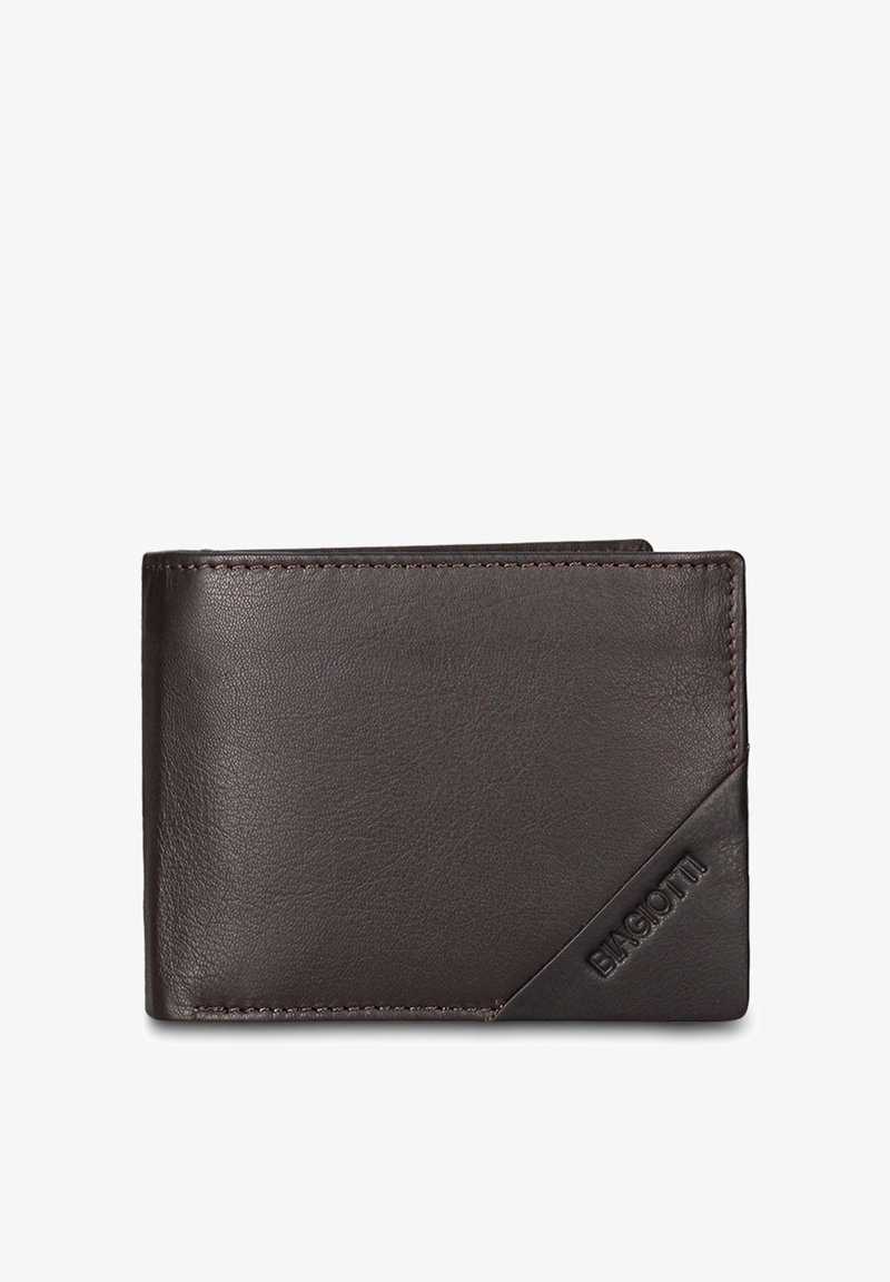 Portafoglio marrone in pelle con finitura testurizzata, caratterizzato da un accento diagonale in pelle liscia e logo in rilievo. Design compatto a doppia piega.