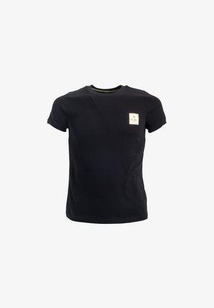 Černé bavlněné tričko s kulatým výstřihem a krátkými rukávy, se skupinovým logem na hrudi. Hladká textura.