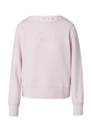 Helles rosa Sweatshirt mit Rundhalsausschnitt, gerippten Bündchen und Saum. Vielfältiges besticktes Textdesign auf der Vorderseite in kreisförmiger Anordnung.