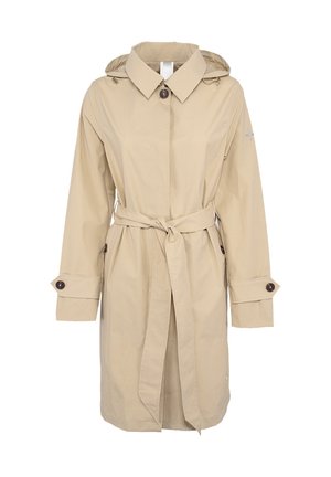 Trench beige fino al ginocchio con cappuccio, polsini con bottoni, cintura in vita, chiusura frontale con bottoni e colletto.