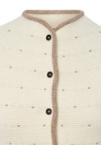 Crème gebreide cardigan met kleine beige stippen, bruine bies rond de ronde halslijn en knopenlijst, vastgemaakt met drie zwarte knopen.