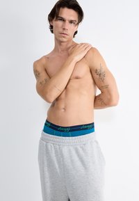 Szare spodnie dresowe z elastycznym pasem, z niebieskim i granatowym paskiem oraz zielonym logo. Model pozuje z ręką na ramieniu, pokazując tatuaże.