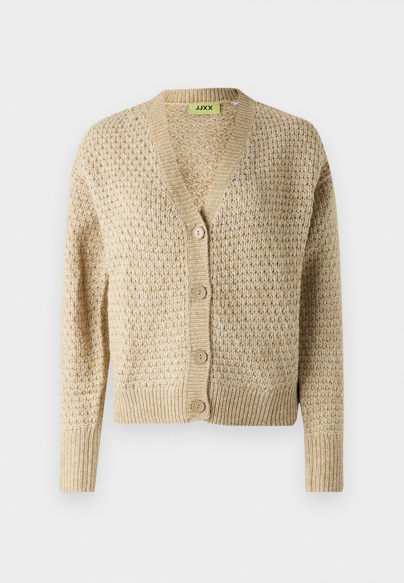 Cardigan en maille beige avec un col en V, fermeture à boutons et un motif texturé ; présente des manches longues et des poignets et un ourlet côtelés.