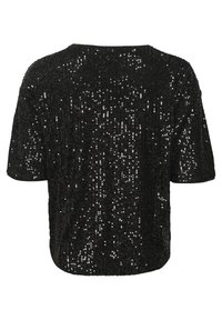 Top corto a maniche corte di colore nero coperto di paillettes. Vestibilità comoda, scollatura rotonda e orlo leggermente curvato. La texture riflettente aggiunge brillantezza.