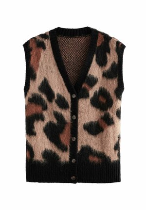 Gilet sans manches en maille duveteuse boutonné avec imprimé léopard en tons noir, marron et beige, présentant un col en V et un ourlet côtelés.