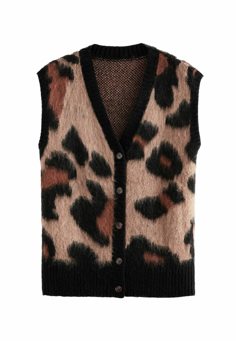 Gilet sans manches en maille duveteuse boutonné avec imprimé léopard en tons noir, marron et beige, présentant un col en V et un ourlet côtelés.