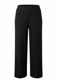 Black ribbed wide-leg trousers with a high waistband. Soft, stretchy fabric, vertical lines throughout, and a relaxed silhouette.