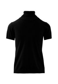 Schwarzer kurzärmeliger Rollkragenpullover aus glattem Stoff. Verfügt über einen rippenförmigen Halsausschnitt und Ärmelbündchen, hat eine taillierte Form und klare Linien.